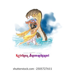 Concept of Shri krishna janmashtami, birth day of Lord Krishna. Father Vasudev carrying baby krishna and crossing Yamuna River at night and heavy rain, Sheshnag protecting krishna to rain background.