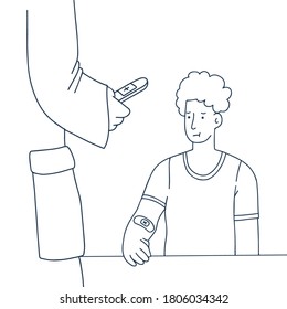 Concept of a sick man taking medical coronavirus test from a doctor. Positive result from ill examination. black outline hand drawn sketch style. Stock vector illustration for magazine.