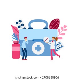 Concept with sick person. Flu flat tiny people concept. Protect from viruses. Pharmacy therapy and tissue help. Vector illustration.