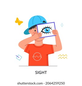 Concept of sight. Boy stands with eye sign. Visual personality type. Vision, five senses. Character demonstrates image of pupil. Anatomy, biology, education. Cartoon flat vector illustration