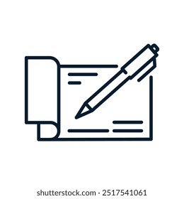Conceito de assinatura de um talão de cheques. Ícone linear de vetor isolado no plano de fundo branco.