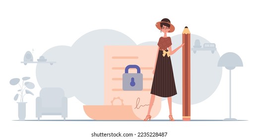 The concept of signing and protecting data. Smart contract. A young woman stands near a large document and holds a pencil.