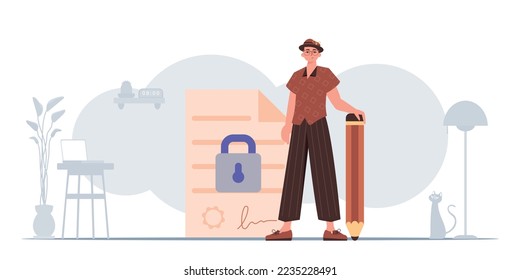 El concepto de firma y protección de datos. Un contrato inteligente. El tipo está parado cerca de un documento grande y sosteniendo un lápiz.