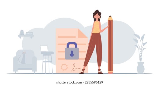 The concept of signing and protecting data. Smart contract. The girl stands near a large document and holds a pencil.
