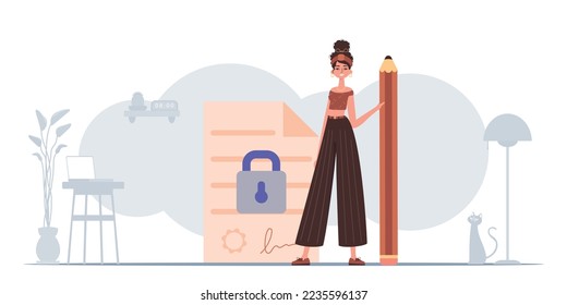The concept of signing and protecting data. Smart contract. A woman stands near a large document and holds a pencil.
