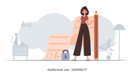 The concept of signing a smart contract. Data protection. A woman stands near a large document and holds a pencil.
