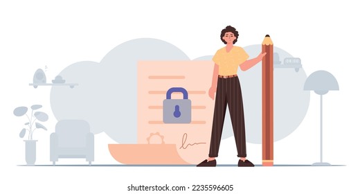 The concept of signing a smart contract. Data protection. A man stands near a large document and holds a pencil.
