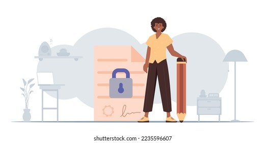 The concept of signing a smart contract. Data protection. The guy is standing near a large document and holding a pencil.