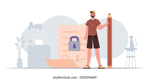 The concept of signing a smart contract. Data protection. A man stands near a large document and holds a pencil.