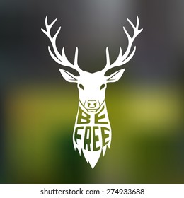 Concept silhouette of deer head with text inside be free on blur background. Vector illustration