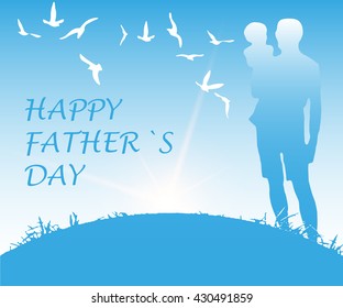 Concept with silhouette of father and his daughter and text Happy Fathers Day. Blue background