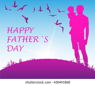 Concept with silhouette of father and his daughter and text Happy Fathers Day. Purple background Sunup