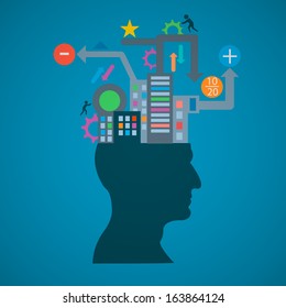 The concept silhouette of the head, brain, and pulses. process of human thinking. The concept of intelligence. People communication with the outside world.