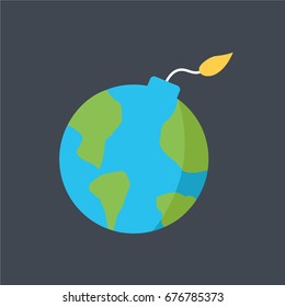 concept simple globe cartoon like a global bomb isolated. global warming icon flat design style. exploding & explosion world vector. save the earth. warm & hot planet symbol. print & poster earth hour