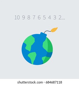 concept simple globe cartoon like a global bomb isolated. global warming icon flat design. exploding & explosion world vector. save the earth. warm & hot planet symbol.  Countdown poster earth hour 