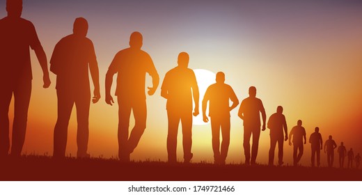 Concept Of Single File Symbol Of Unity With Men Walking Endlessly In One Direction.