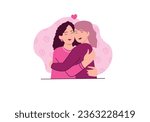 Concept sisters with people scene in the flat cartoon style. Two sisters hug and show love to each other, because it is very important. Vector illustration.
