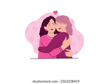 Concept sisters with people scene in the flat cartoon style. Two sisters hug and show love to each other, because it is very important. Vector illustration.