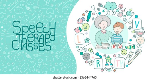 Concept site speech therapy. School speech development. Cute childrens drawings icons in kavai style on the topic of speech therapy. Friendly speech and articulation classes