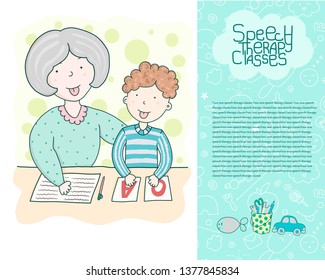 Concept site speech therapy. School speech development. Cute childrens drawings icons in kavai style on the topic of speech therapy. Friendly speech and articulation classes