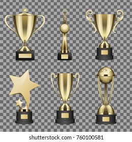 Concept of six golden trophy cups for champion on transparent background. Sparkling chalice in form of star or sphere, vector illustration