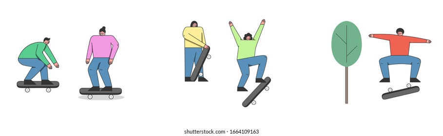 Concept Of Skateboard Riding. Bundle Skateboarders Are Riding On Skateboard. Friends Are Making Stunts Jump In The Air on Board in Skatepark. Set Of Cartoon Outline Linear Flat Vector Illustration