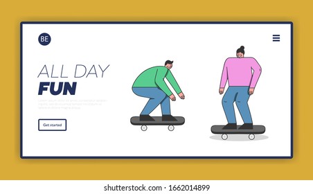 Concept Of Skateboard Riding. Website Landing Page. Teenagers Skateboarders Riding Skateboard. Friends Make Stunts on Board in The Skatepark. Cartoon Outline Linear Flat Vector Illustration