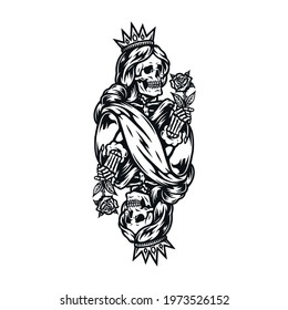 Concept of skeleton queen for poker card in crown with beautiful rose in vintage monochrome style isolated vector illustration