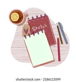 Concept with sketch books and a cup of tea in flat style for print and illustration.Vector illustration.