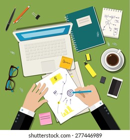 Concept for sketching ideas. Hand with pencil over white sheet of paper. Mockup modern flat design vector illustration 