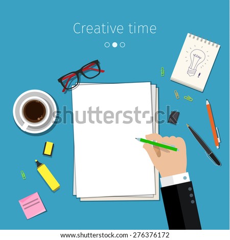 Concept for sketching ideas. Hand with pencil over white sheet of paper. Mockup modern flat design vector illustration 