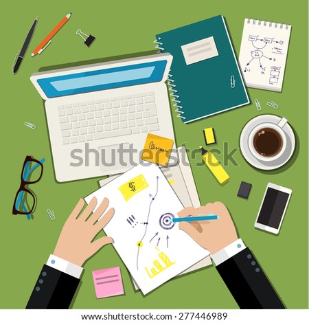 Concept for sketching ideas. Hand with pencil over white sheet of paper. Mockup modern flat design vector illustration 