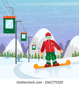 concept of a ski resort, snowboarding. Man with snowboard in the snow-capped mountains vector illustration flat