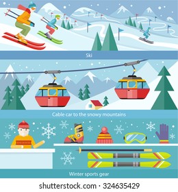 Concept skiing winter sport flat style. Cable car, gear snow, hobby and boot, season sporting, shoes and leasure, downhill and skier, speed extreme, activity and landscape illustration