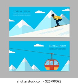 Concept skiing winter sport flat style. cableway, downhill, skier, mountain landscape.