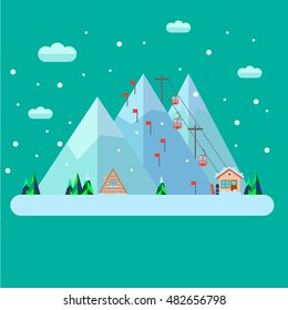 Concept skiing winter sport flat style. Cable car, gear snow and landscape illustration