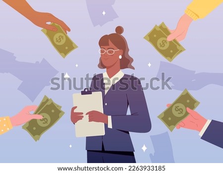 Concept of skilled professionals. Woman with qualification in suit stands in front of her hands with banknotes. Desirable specialist and candidate for vacancy. Cartoon flat vector illustration