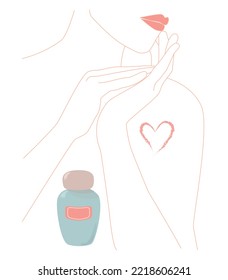 The concept of skin care, self care, beauty product. A woman applies face cream. Flat vector illustration on white background