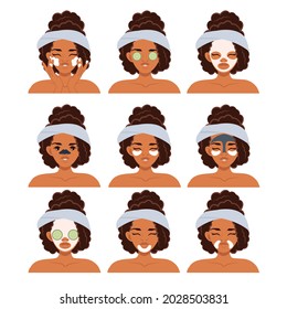 The concept of skin care. Vector set of dark-skinned female faces with cosmetic, moisturizing, cleansing, anti-aging face masks. Cosmetic masks, cleansing strips for the nose, eye patches