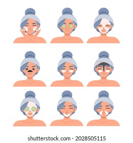 The concept of skin care. Vector set of women's faces with cosmetic, moisturizing, cleansing, anti-aging face masks. Cosmetic masks, cleansing nose strips, eye patches