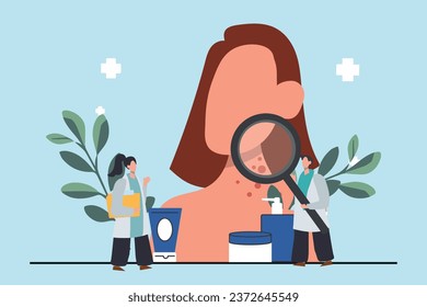 Concept of skin problems, doctor with magnifying glass in hand finds melanoma in form of mole on girl neck. Care and treatment, dermatology disease. Vector cartoon flat illustration.