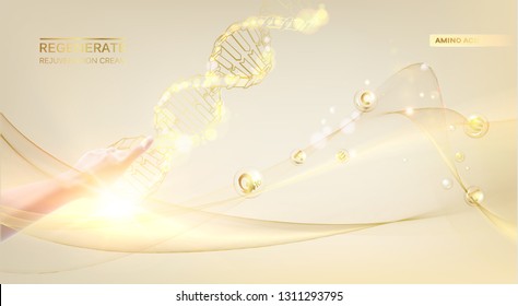 Concept Skincare Cosmetic. Regenerate cream and Vitamin Background. Sepia banner with a DNA molecule of polygons. Vector illustration.