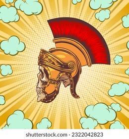Concept with a skull in a gladiator helmet in pop art style for print and design. Vector illustration.