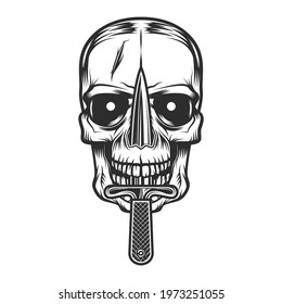 Concept with skull pierced with knife in vintage monochrome style isolated vector illustration