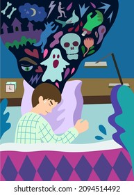 Concept of sleep with nightmare. Sleeping man in bed with sleep disorders and scary dark dreams. Colorful vector illustration.