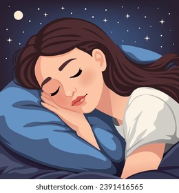 The concept of sleep and rest. Flat vector illustration. Happy young girl sleeping soundly. The girl lies on a soft pillow like a cloud and dreams sweet dreams. 