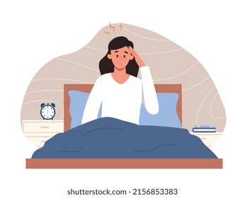 Concept of sleeplessness. Young girl sits on couch at night and holds her head, health problems. Psychological difficulties and depression, insomnia, stress and panic. Cartoon flat vector illustration