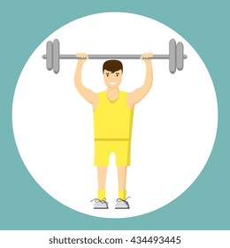 Concept slimming symbol weight loss. Silhouette of sportsman with barbell, which is engaged in sports. Vector. Flat style

