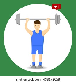 Concept slimming symbol weight loss. Silhouette of sportsman with barbell, which is engaged in sports. Vector. Flat style