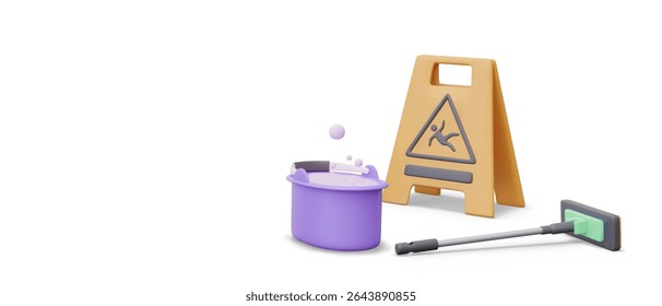 Concept of slippery floor after wet cleaning. Realistic mop, bucket with soap foam, warning sign with falling man. Vector composition in 3D style, isolated elements